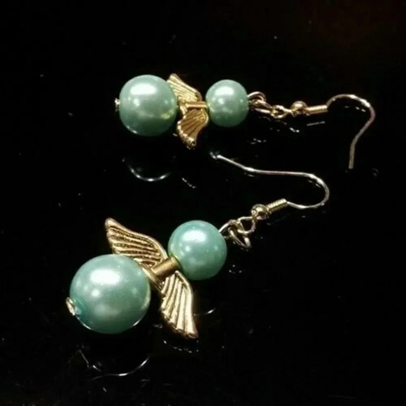 Handmade Light Blue Glass Pearl Gold Plated Pewter Angel Wings Dangle Earrings - Picture 1 of 1